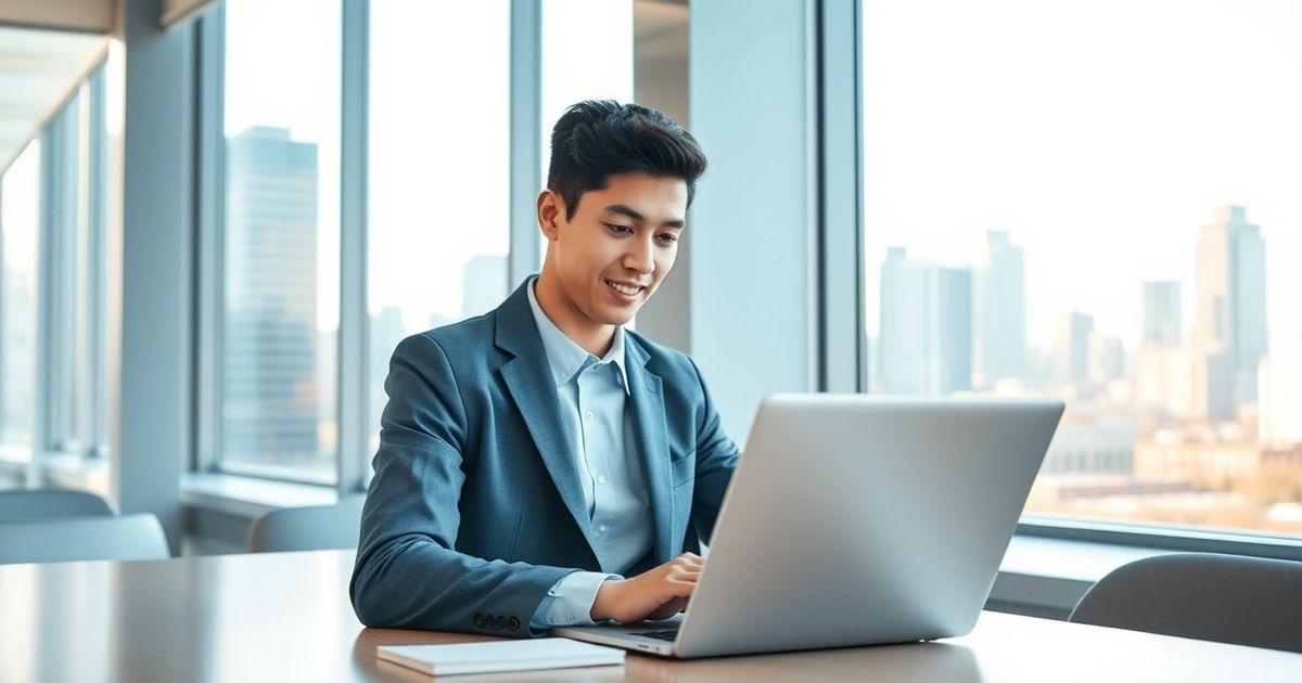 Job seeker working on laptop in bright office with city skyline view, representing Canadian job search strategies