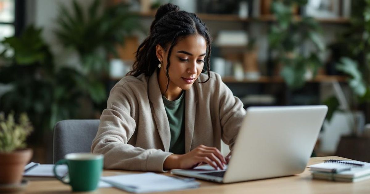 Job seeker reviewing and editing a resume on a laptop at a clean desk in a bright modern home office, preparing for an online job application.
