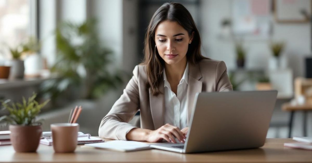 A woman sitting at a modern office desk with a laptop and open notebook, viewed from behind in warm afternoon light, representing career development and professional growth.